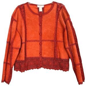 Vintage Patchwork Suede Leather Crochet Jacket XL Boho Festival Hippie Cottage